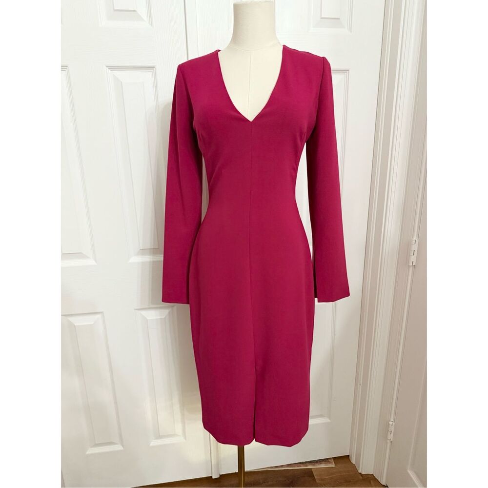 Black Halo V-Neck Split Sleeve Front Slit Fuchsia Pink Sambora Sheath Dress 4